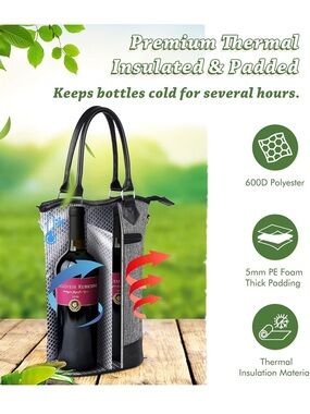 Insulated Gray Wine Tote Bag with Black Trim